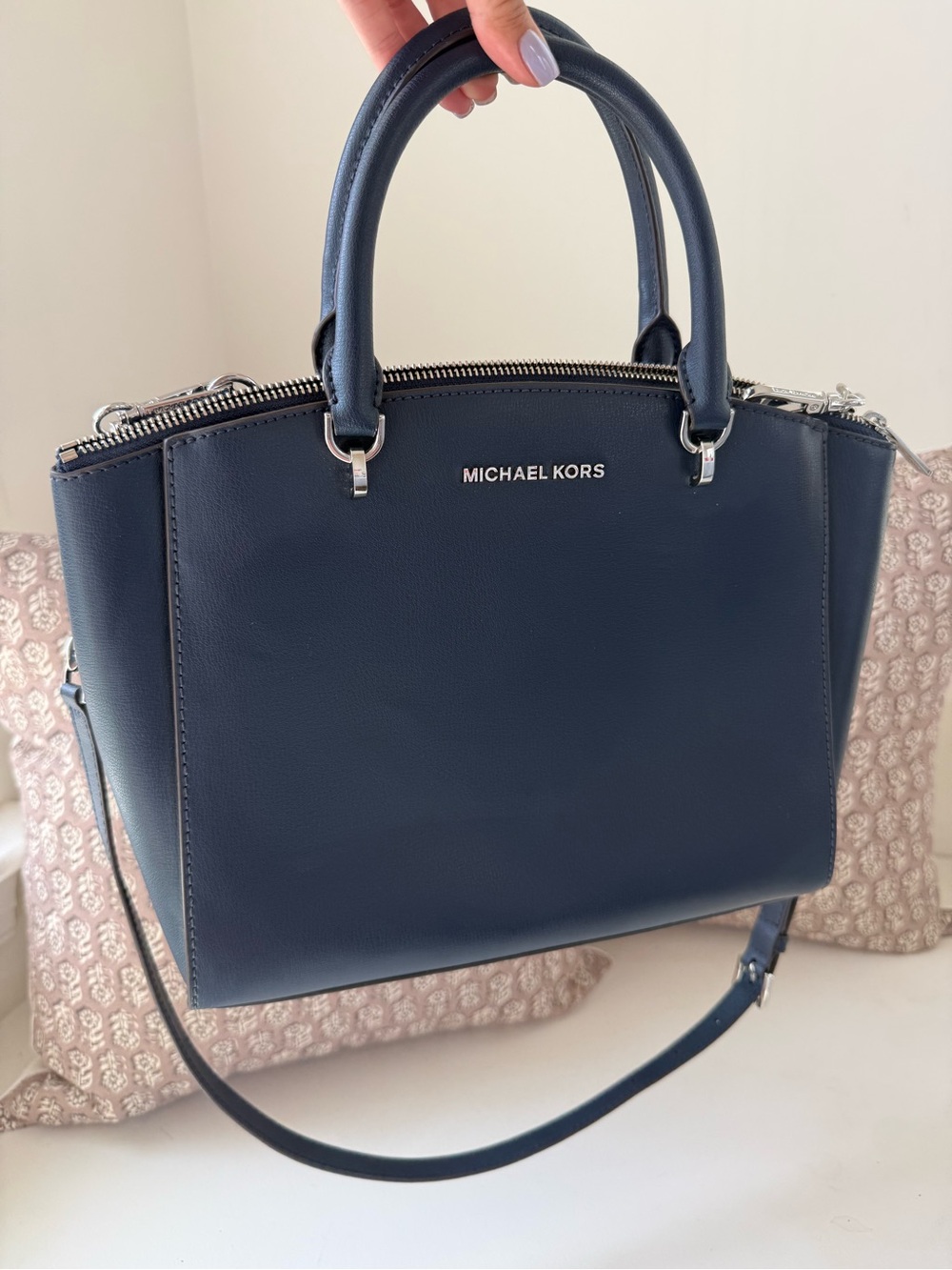 NWOT Michael Kors Large Ellis Satchel Bag Navy Blue Silver Hardware